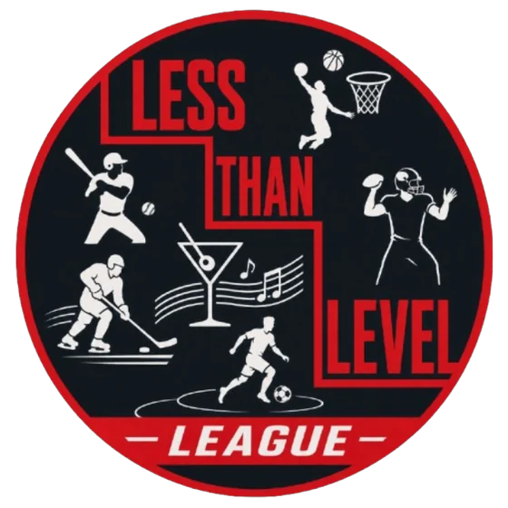 Less Than Level sports crest — football, baseball, hockey and soccer blended into one badge